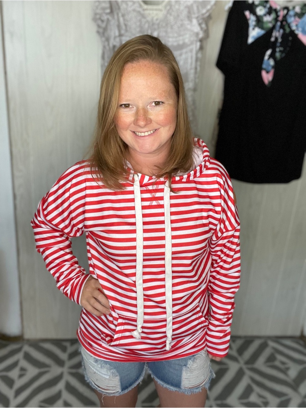 Michelle Mae Red and White Striped Hoodie Sweatshirt